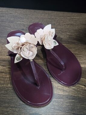Tory Burch Blossom Jelly Sandals Bergundy Womens 8 Slides Thong Flip Flops